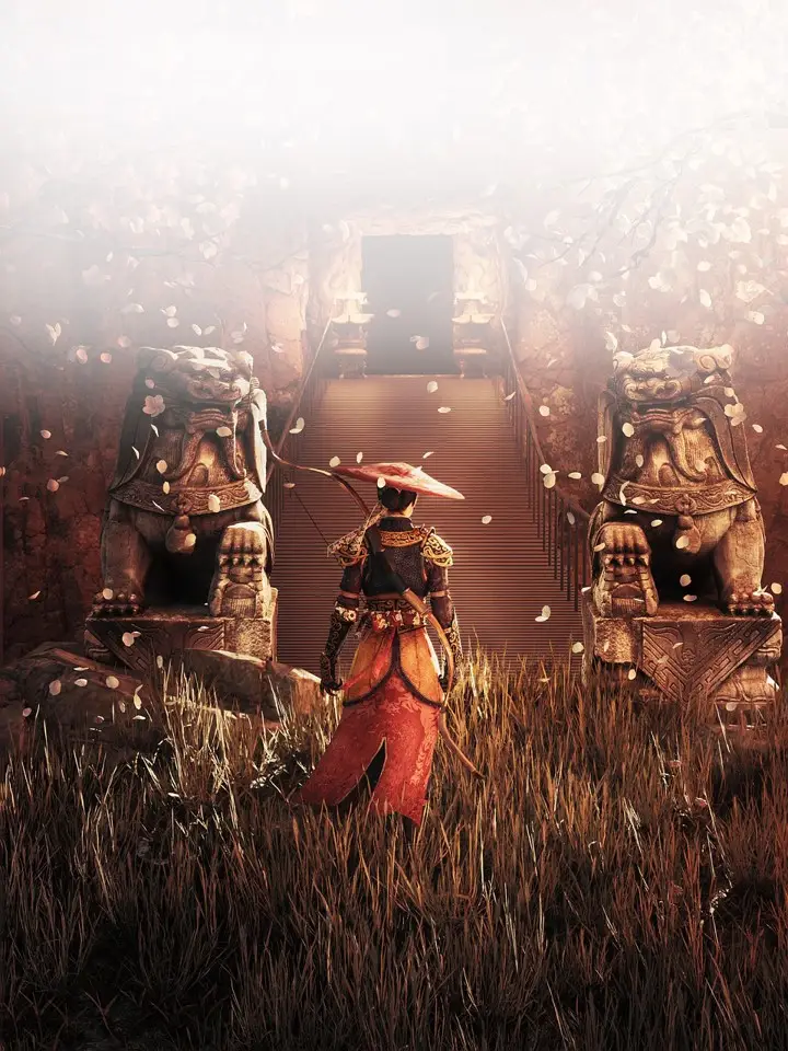 Ronin diante de uma escadaria, entre guardiões de pedra e pétalas ao vento